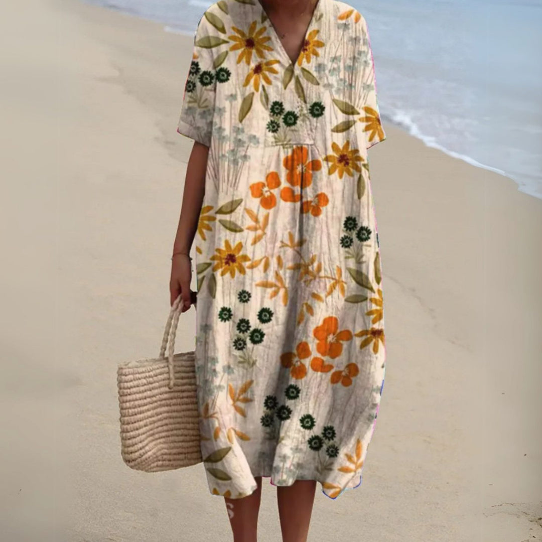 Women's Floral V-Neck Short Sleeve Midi Dress - Floral 14