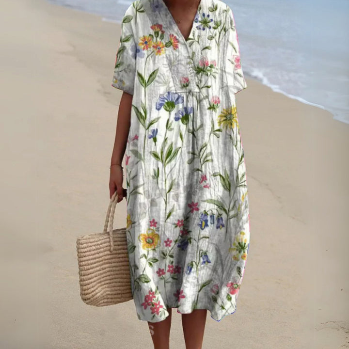 Women's Floral V-Neck Short Sleeve Midi Dress - Floral 15