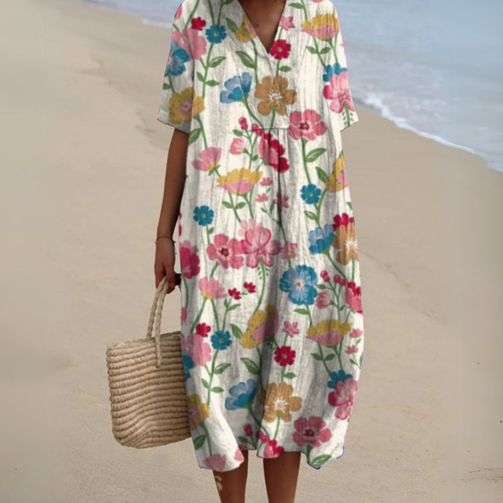 Women's Floral V-Neck Short Sleeve Midi Dress - Floral 3