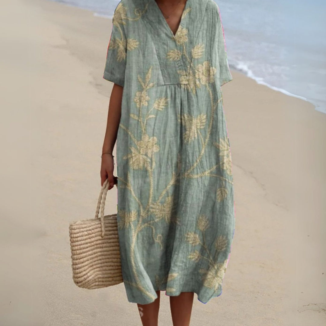 Women's Floral V-Neck Short Sleeve Midi Dress - Floral 4