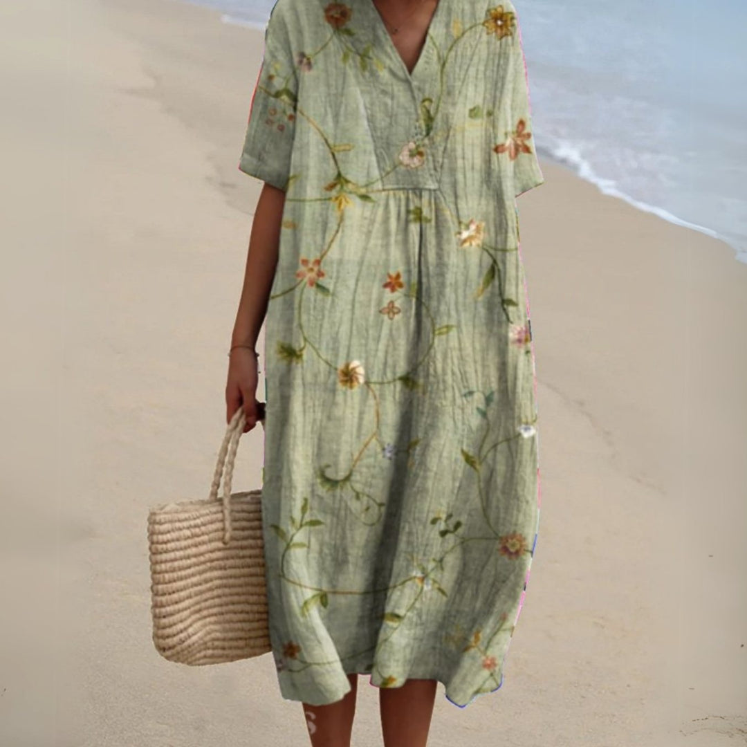 Women's Floral V-Neck Short Sleeve Midi Dress - Floral 5