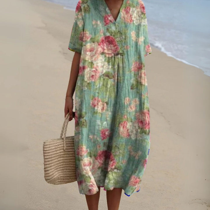 Women's Floral V-Neck Short Sleeve Midi Dress - Floral 7