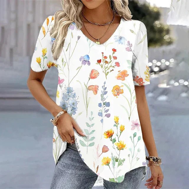 Women's Floral V-Neck Short Sleeve Relaxed Top - Beige