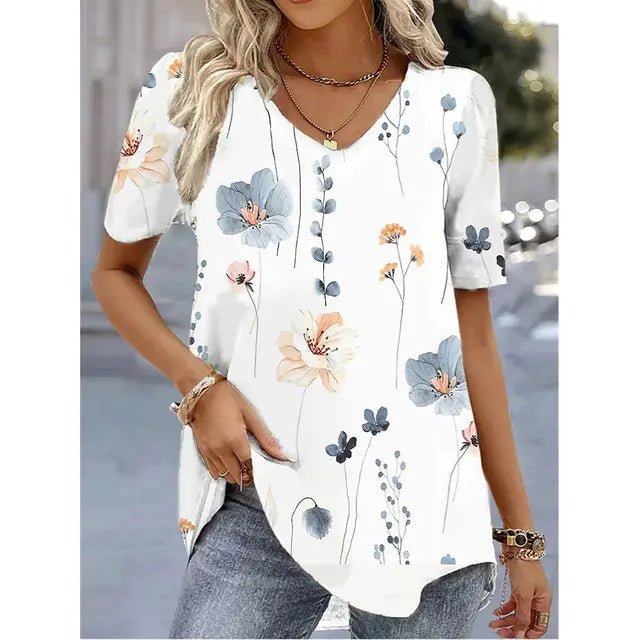 Women's Floral V-Neck Short Sleeve Relaxed Top - White