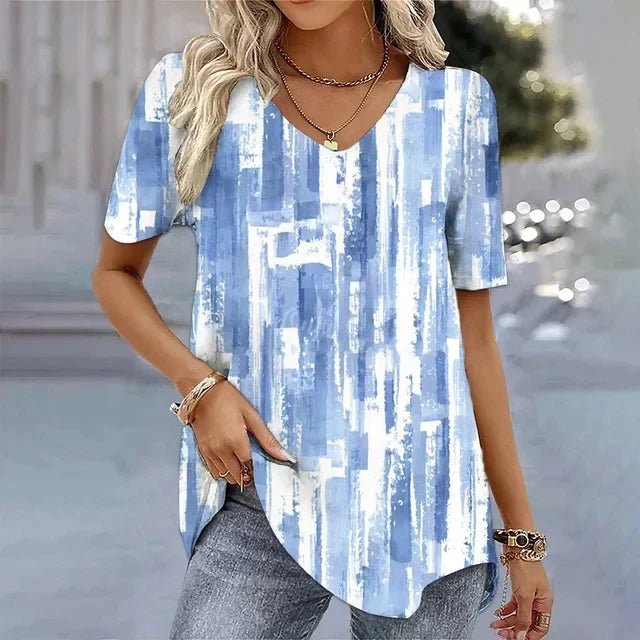 Women's Floral V-Neck Short Sleeve Relaxed Top - Blue