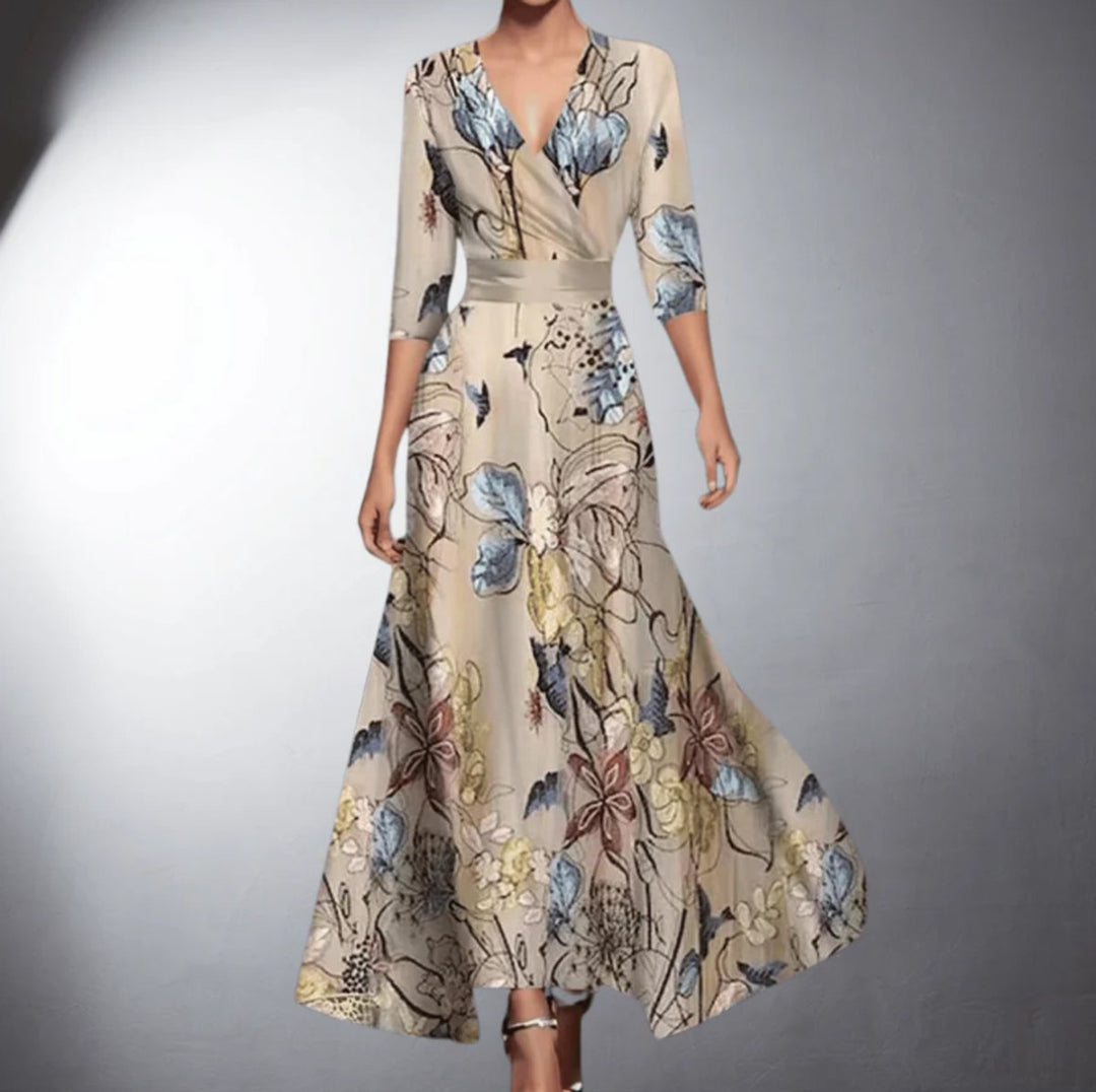 Women's Floral Wrap Maxi Formal Dresses V-Neck Three-Quarter Sleeve - Floral