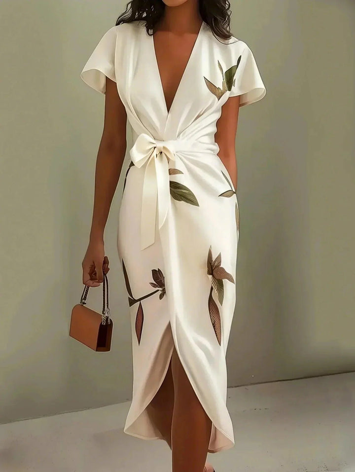 Women's Floral Wrap V-Neck Midi Dress - White