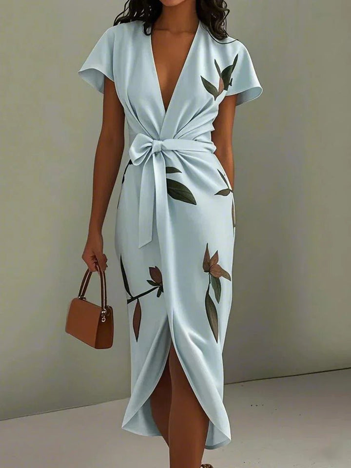 Women's Floral Wrap V-Neck Midi Dress - Light Blue