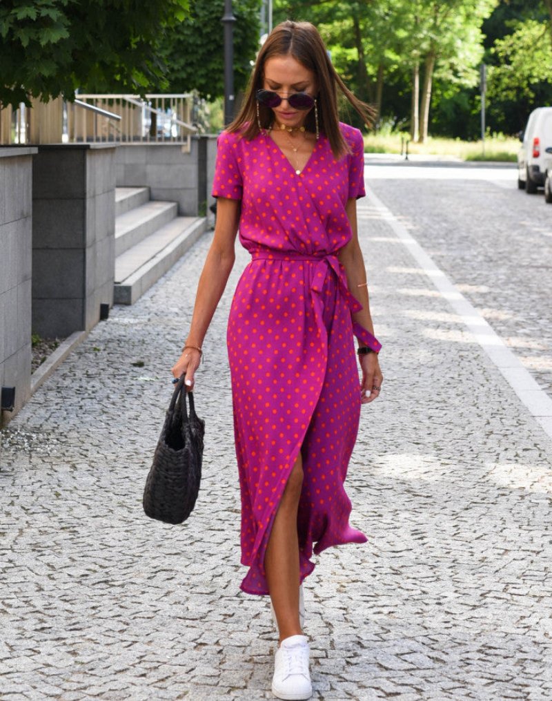 Women's Floral Wrap V-Neck Tie-Waist Cotton Midi Dress - Fuschia