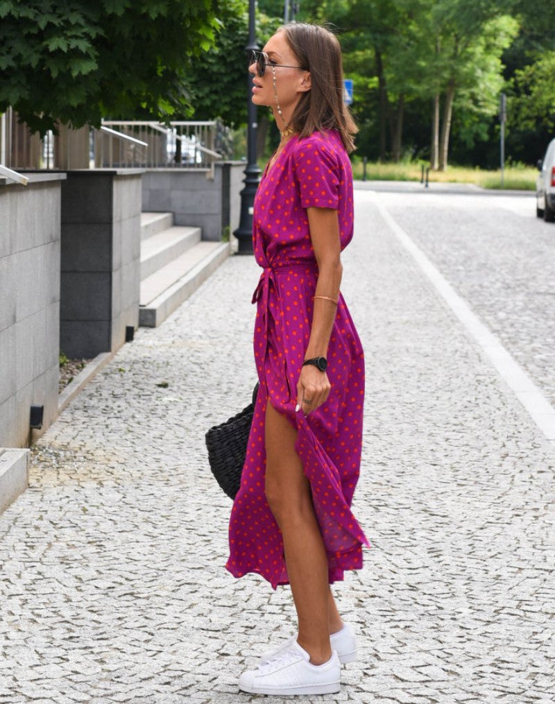 Women's Floral Wrap V-Neck Tie-Waist Cotton Midi Dress
