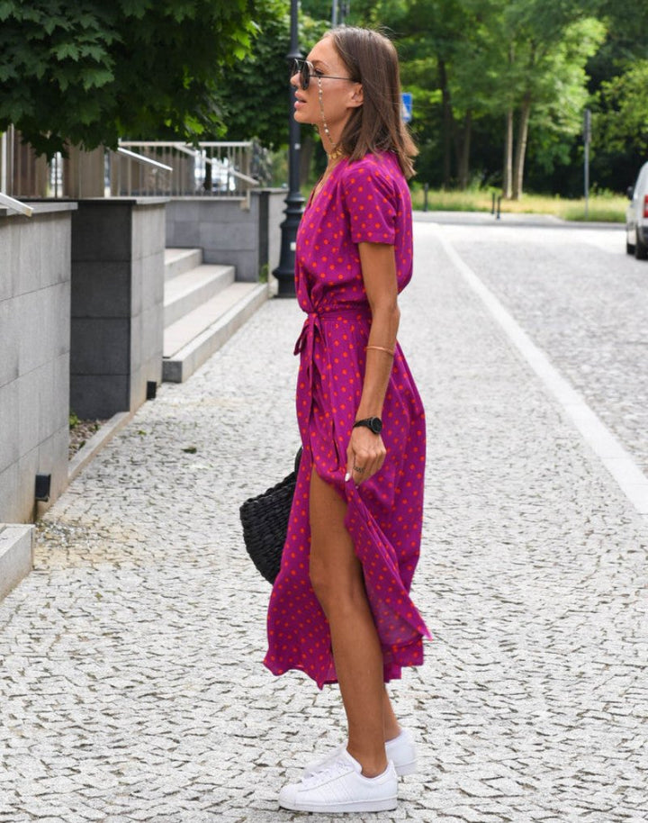Women's Floral Wrap V-Neck Tie-Waist Cotton Midi Dress