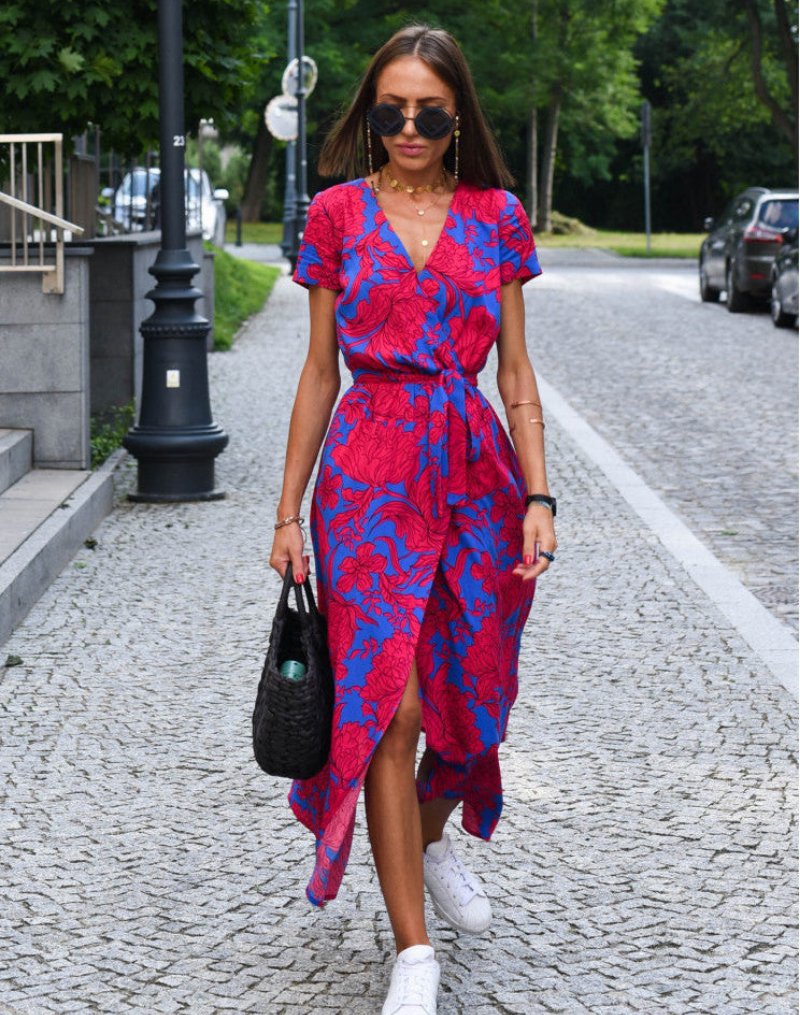 Women's Floral Wrap V-Neck Tie-Waist Cotton Midi Dress - Red