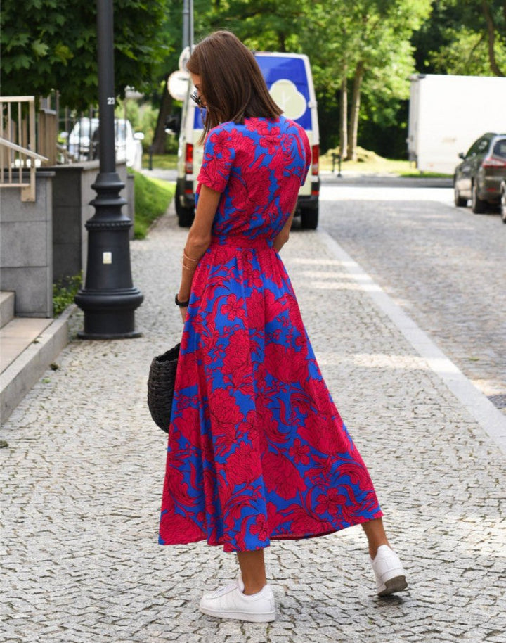 Women's Floral Wrap V-Neck Tie-Waist Cotton Midi Dress
