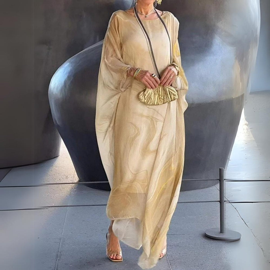Women's Flowing Maxi Long Sleeve Dress Round Neck Oversized - Yellow