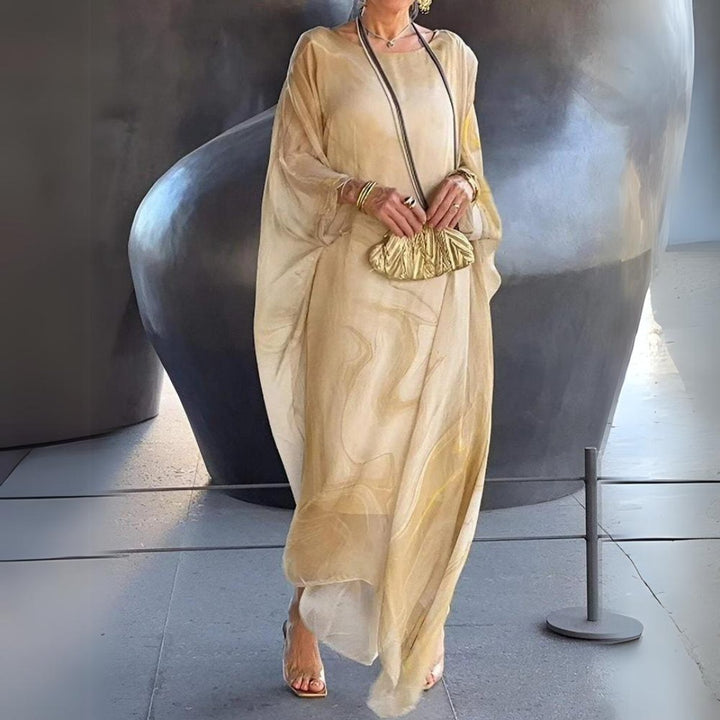 Women's Flowing Maxi Long Sleeve Dress Round Neck Oversized - Yellow