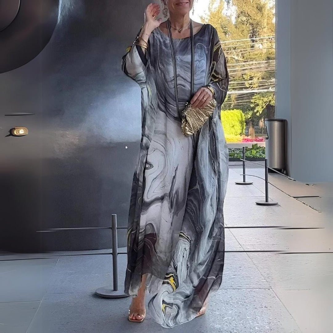 Women's Flowing Maxi Long Sleeve Dress Round Neck Oversized - Grey