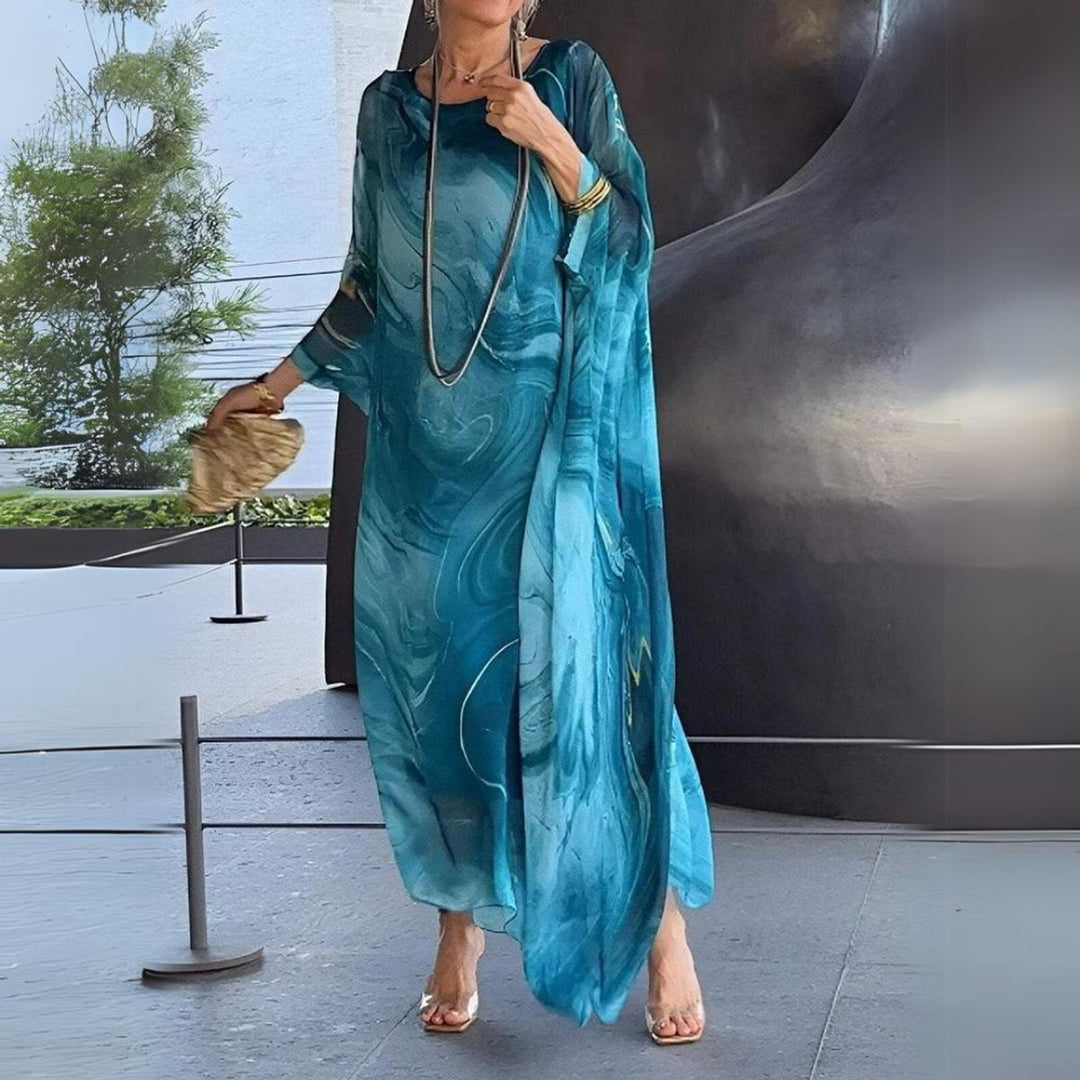 Women's Flowing Maxi Long Sleeve Dress Round Neck Oversized - Blue