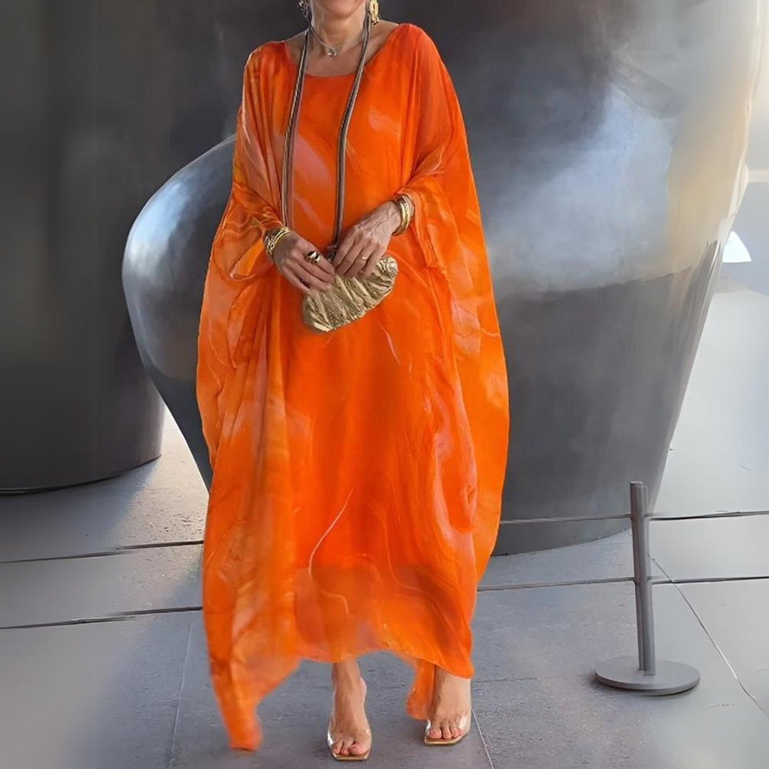 Women's Flowing Maxi Long Sleeve Dress Round Neck Oversized - Orange