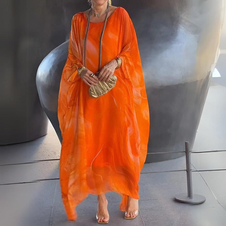 Women's Flowing Maxi Long Sleeve Dress Round Neck Oversized - Orange