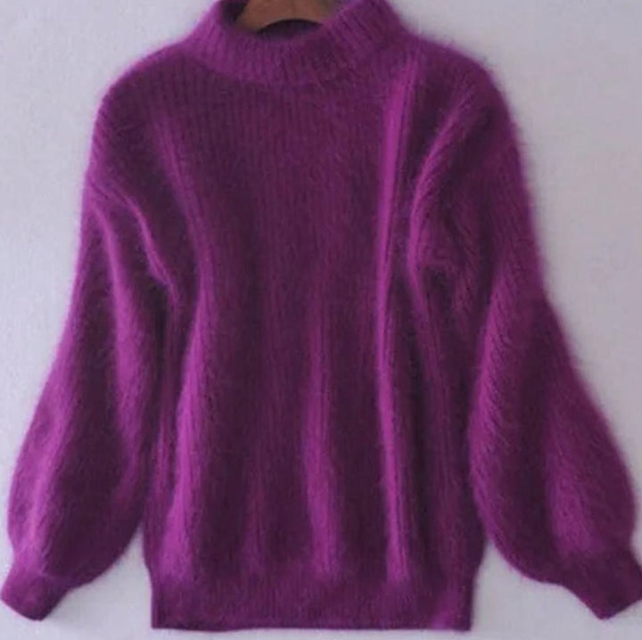 Women's Fluffy Turtleneck Relaxed-Fit Angora Knit Sweater - Purple