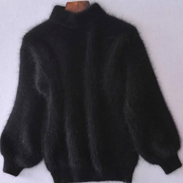 Women's Fluffy Turtleneck Relaxed-Fit Angora Knit Sweater - Black