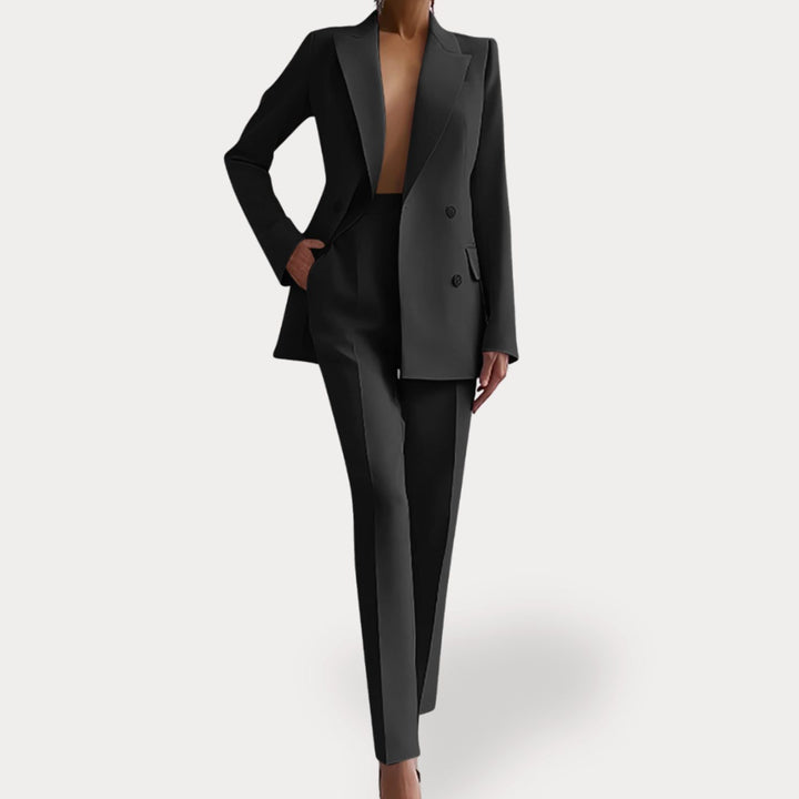 Women's Formal Tailored Double-Breasted Blazer Suit Set - Black