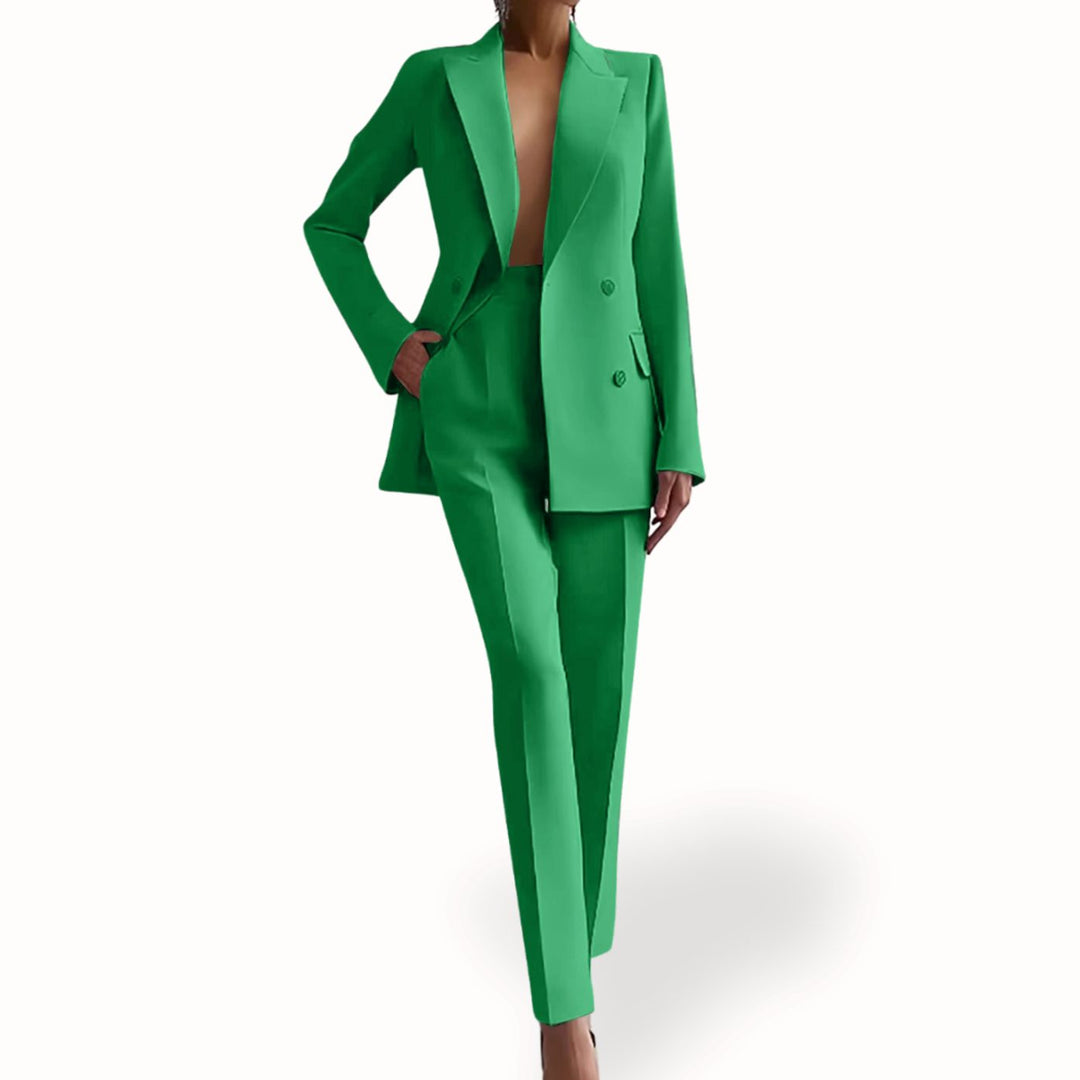 Women's Formal Tailored Double-Breasted Blazer Suit Set - Green
