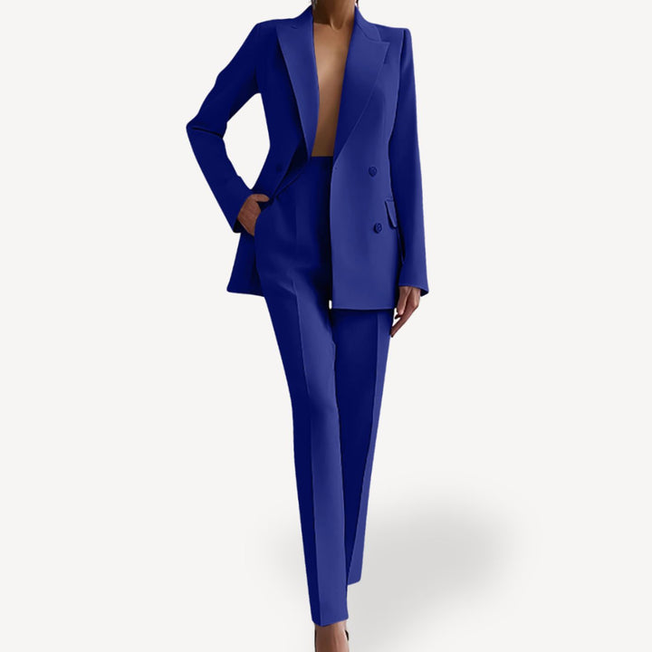 Women's Formal Tailored Double-Breasted Blazer Suit Set - Blue