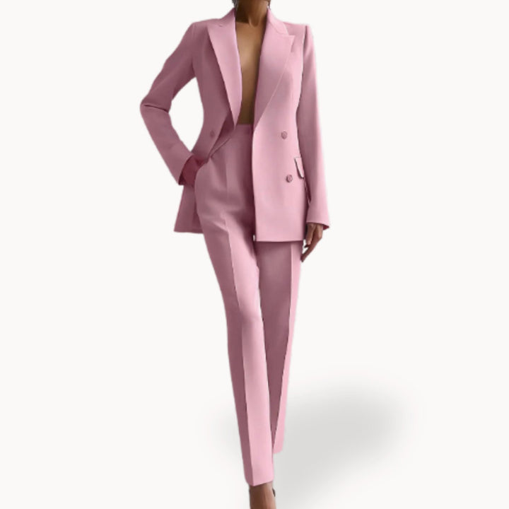 Women's Formal Tailored Double-Breasted Blazer Suit Set - Pink