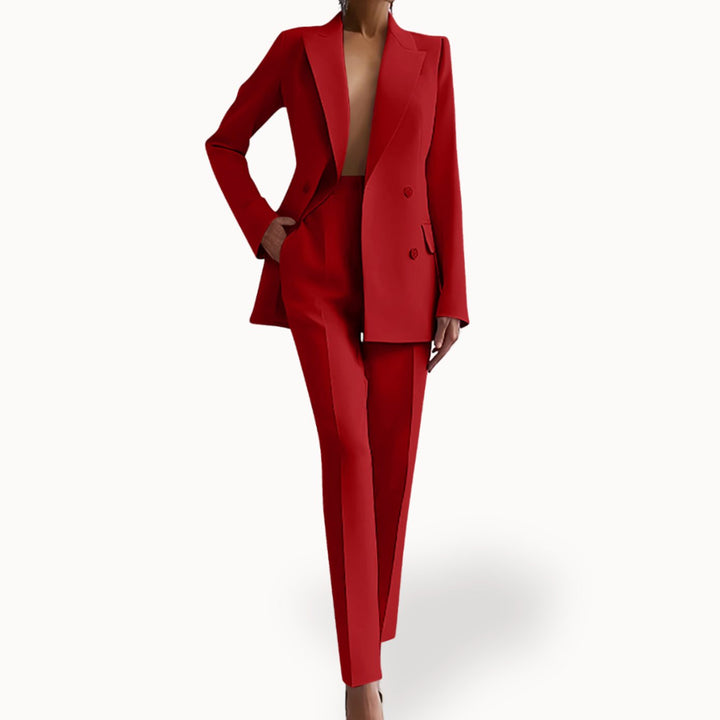 Women's Formal Tailored Double-Breasted Blazer Suit Set - Red