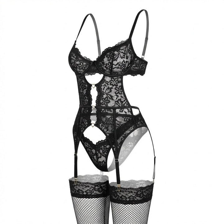 Women's Four-Piece Lace Suspender Lingerie Set - Black