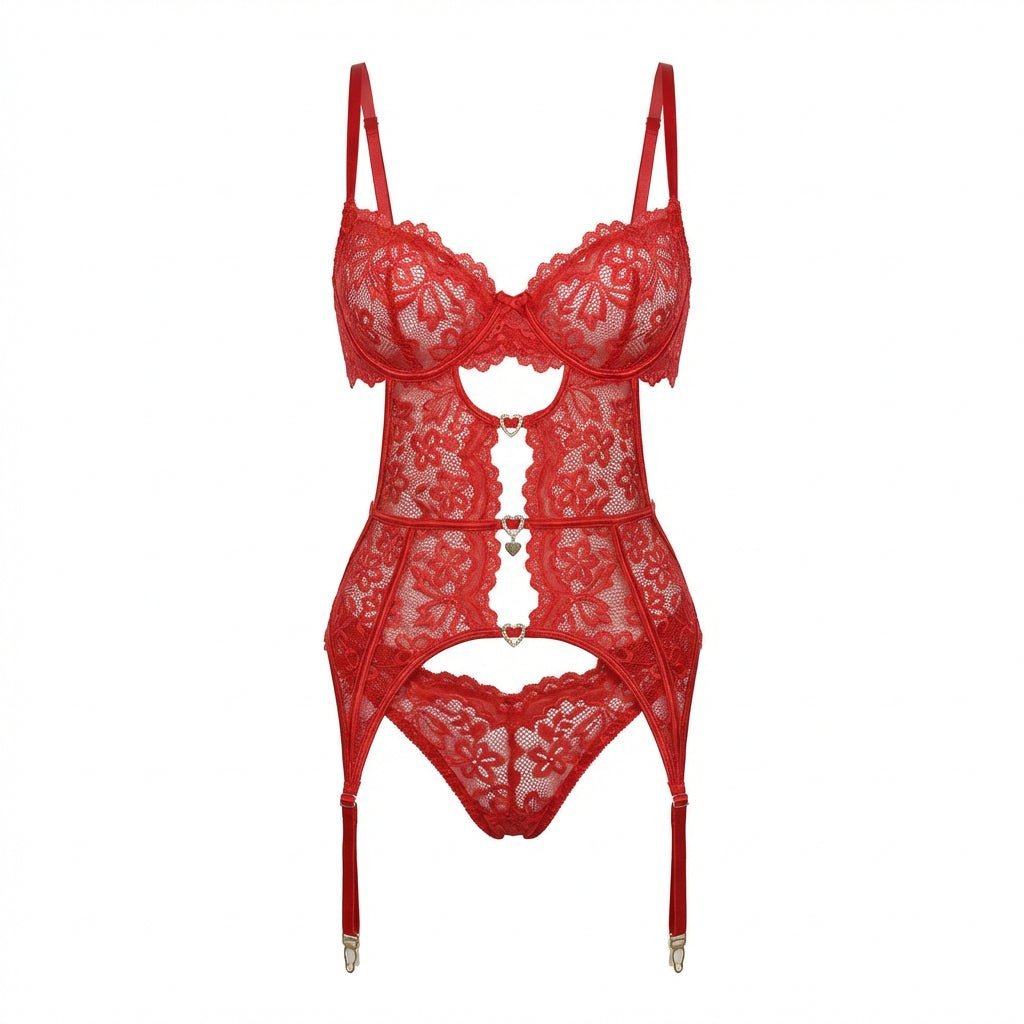 Women's Four-Piece Lace Suspender Lingerie Set - Red