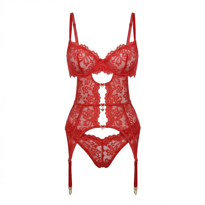 Women's Four-Piece Lace Suspender Lingerie Set - Red