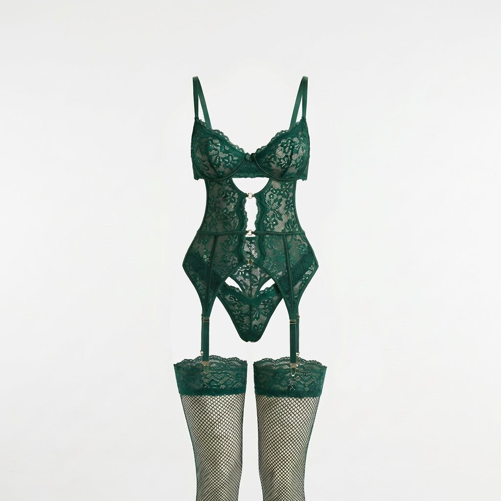Women's Four-Piece Lace Suspender Lingerie Set - Green