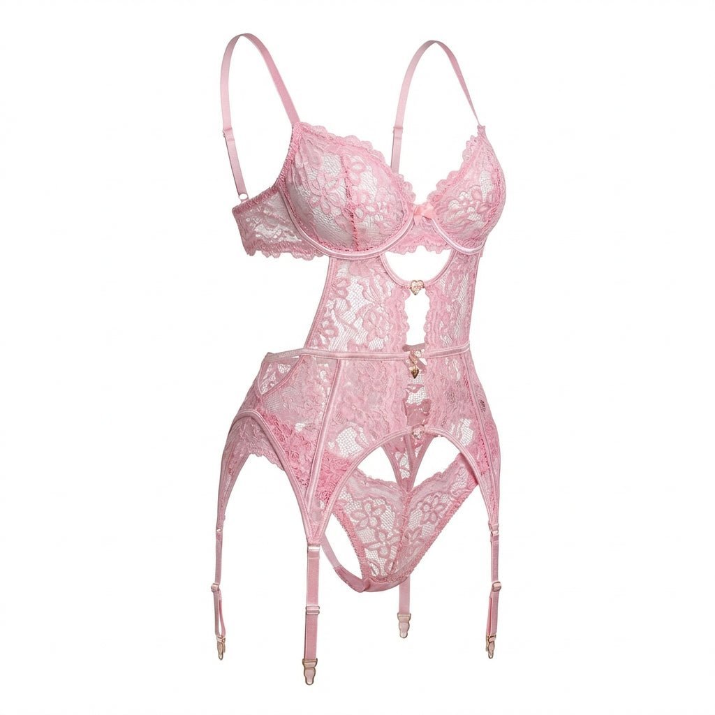 Women's Four-Piece Lace Suspender Lingerie Set - Pink