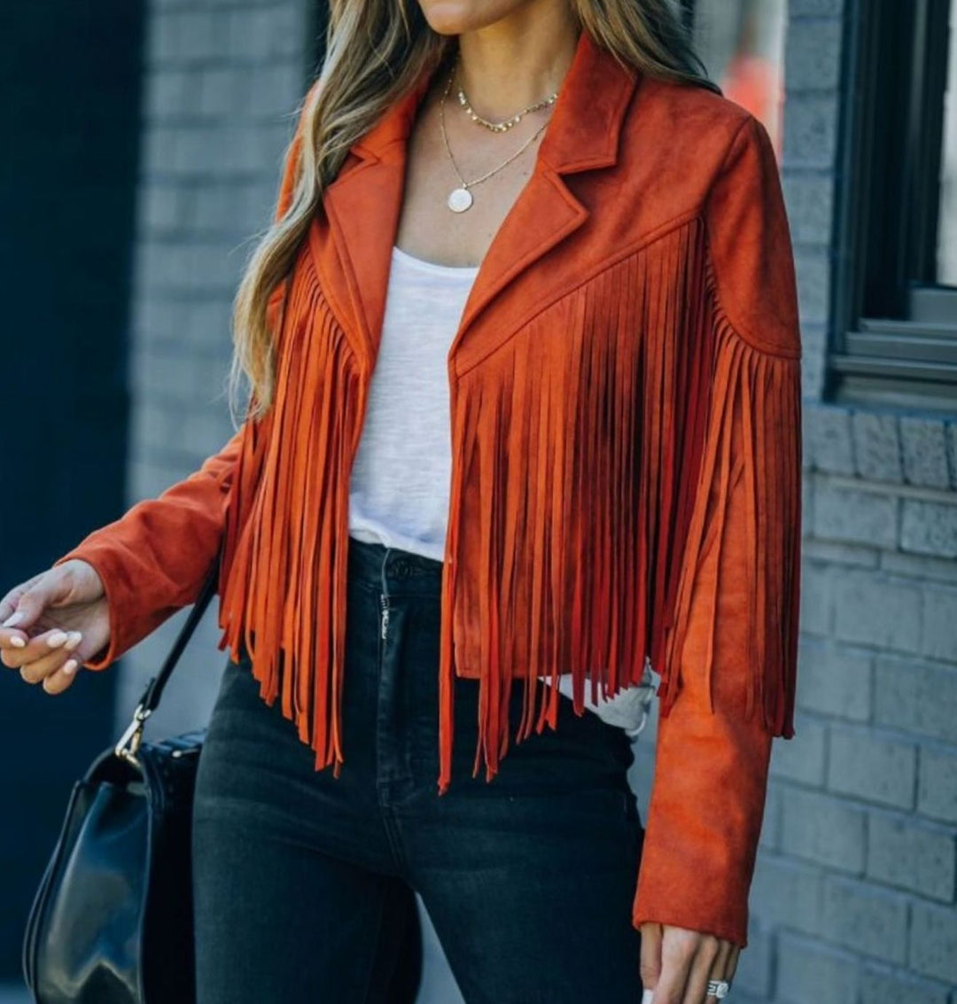 Women's Fringed Suede Cropped Moto Jacket - Orange