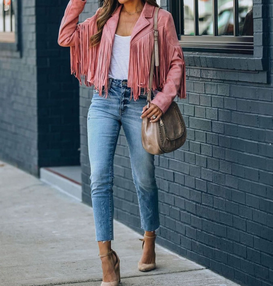 Women's Fringed Suede Cropped Moto Jacket - Pink
