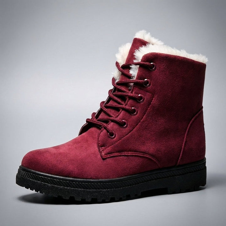 Women's Fur-Lined Lace-Up Ankle Snow Boots - Red