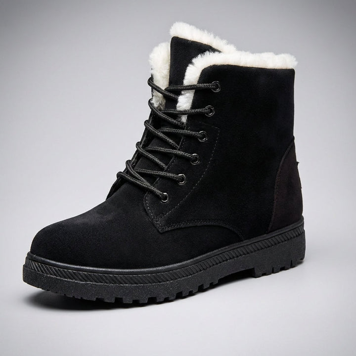 Women's Fur-Lined Lace-Up Ankle Snow Boots - Black