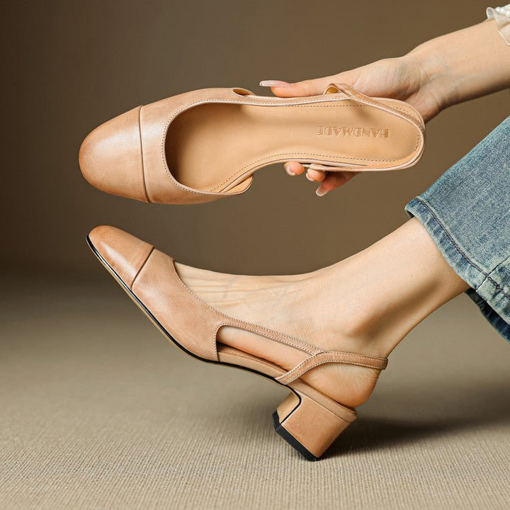 Women's Genuine Leather Almond-Toe Slingback Block-Heel Pumps - Apricot