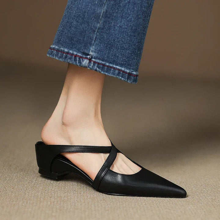 Women's Genuine Leather Cross-Strap Pointed-Toe Mules
