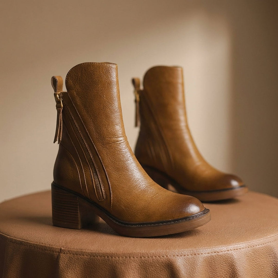Women's Genuine Leather Side-Zip Black Boots Block Heel - Brown