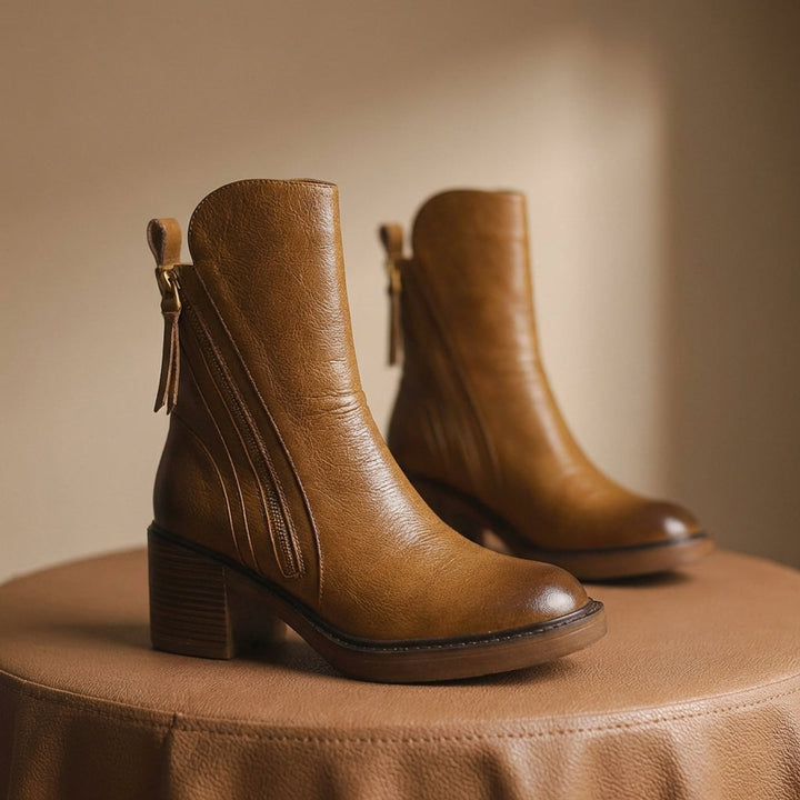 Women's Genuine Leather Side-Zip Black Boots Block Heel - Brown