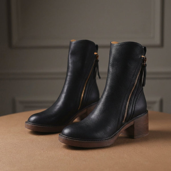 Women's Genuine Leather Side-Zip Black Boots Block Heel