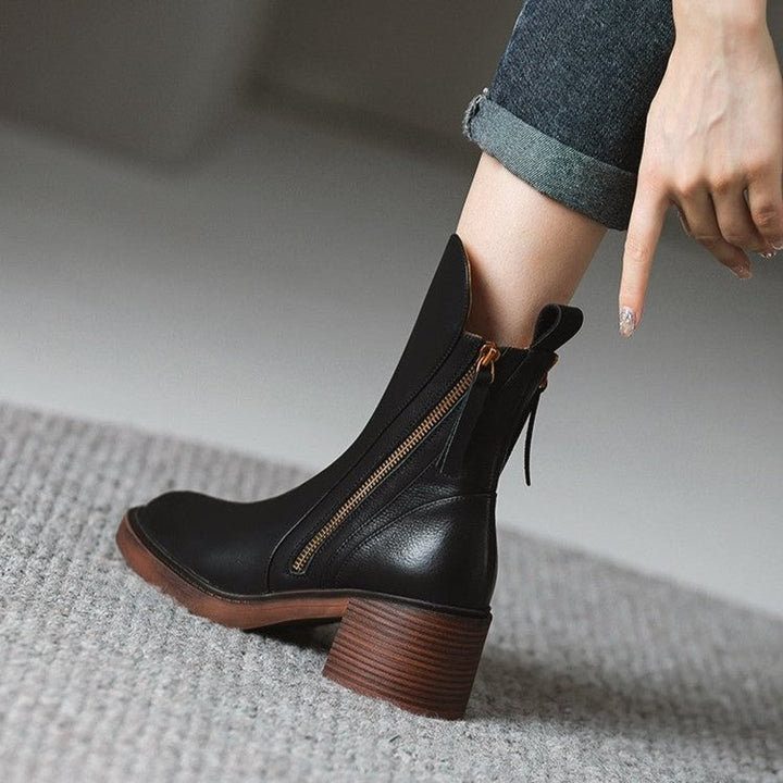 Women's Genuine Leather Side-Zip Black Boots Block Heel