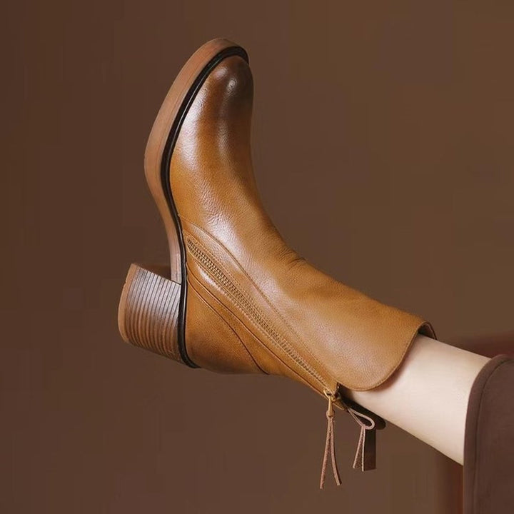 Women's Genuine Leather Side-Zip Black Boots Block Heel