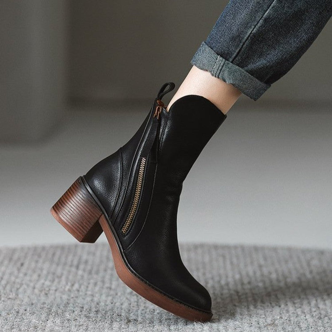 Women's Genuine Leather Side-Zip Black Boots Block Heel