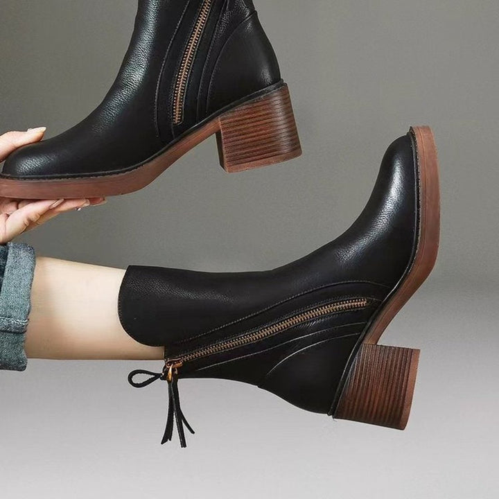 Women's Genuine Leather Side-Zip Black Boots Block Heel
