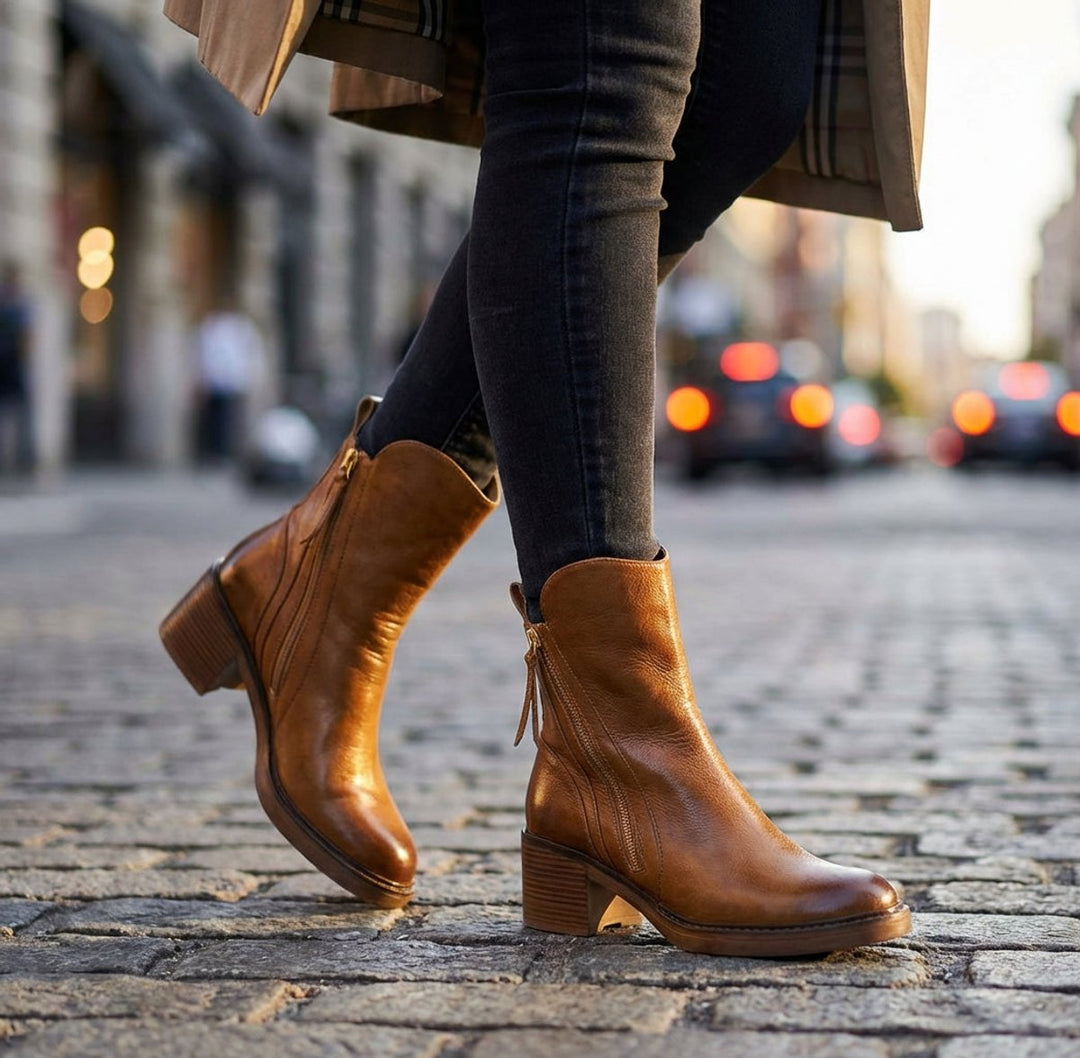 Women's Genuine Leather Side-Zip Black Boots Block Heel
