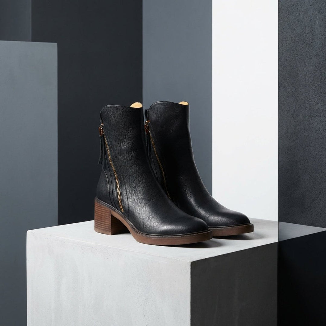 Women's Genuine Leather Side-Zip Black Boots Block Heel
